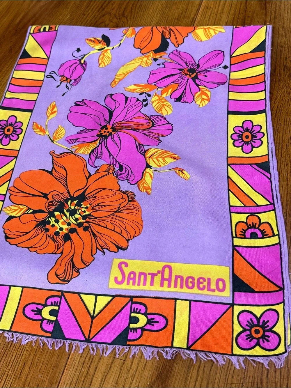 Sant’ Angelo Purple Floral Silk Scarf Luxury Vintage Mod 70s Tropical Floral